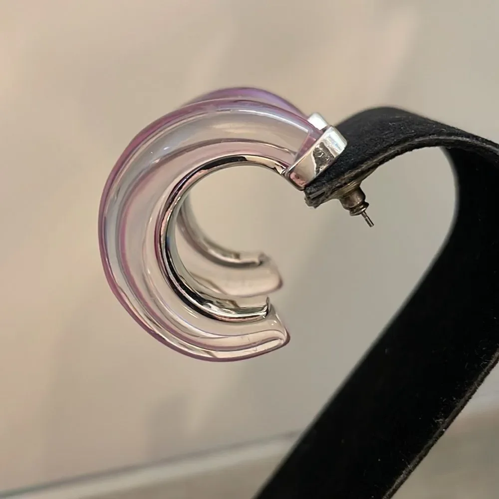 Anthropologie Chunky Resin Hoop Earrings Chic Silver-tone & Purple Lucite Hoop